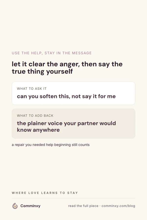 A cream pin with two cards showing what to ask AI and what to add back so the message stays yours.