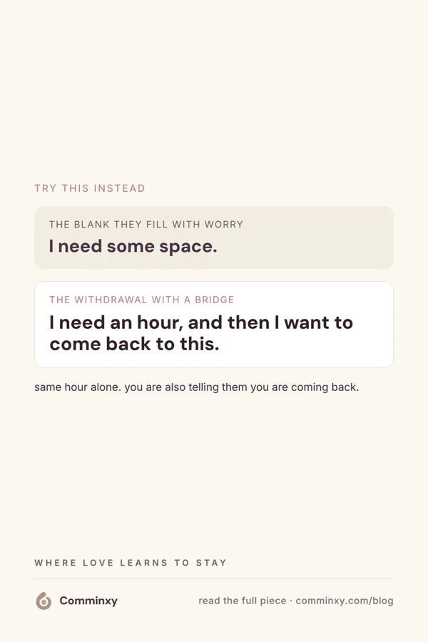 A cream pin showing a swap from the words I need space to a fuller line naming an hour alone and a clear return.