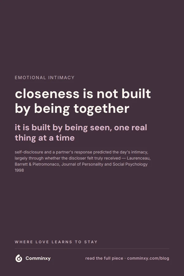 A plum pin stating that closeness is built by being seen, with a research citation on daily disclosure and intimacy.
