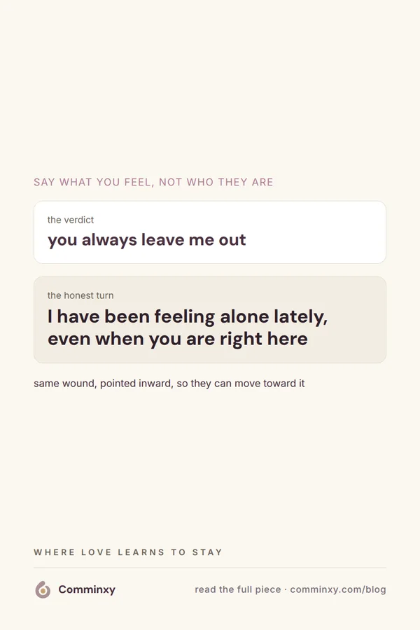 A cream pin with two cards contrasting a blaming verdict sentence against an honest feeling sentence, above a short guiding line.