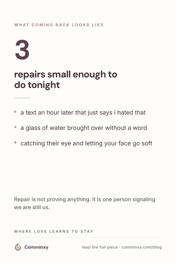 Comminxy relationship card: 3 small repairs to try after a fight with your partner. Repair in a relationship is smaller than most couples expect: a text an hour later that just says I hated that, a glass of water brought over without a word, catching