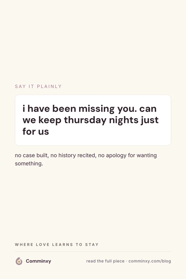 A cream pin with a spoken script line about missing your partner and keeping one night a week, framed as a plain ask.