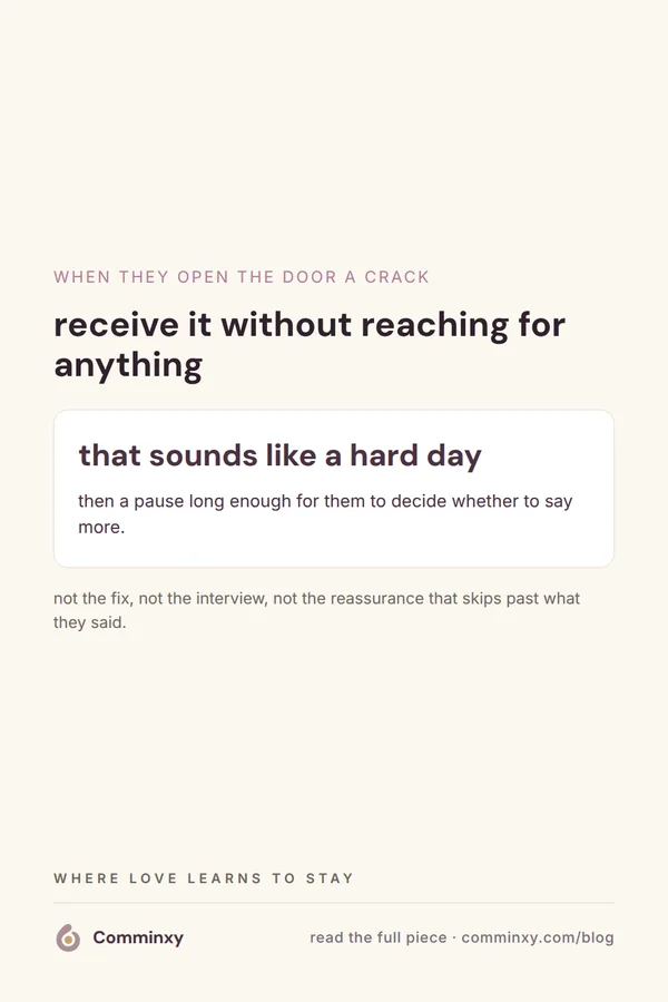 A cream pin with a card showing the line that sounds like a hard day, followed by a warm pause instead of a fix.
