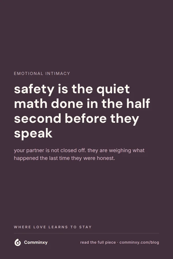 A plum pin reading that safety is the quiet math a person does in the half second before they decide to speak.