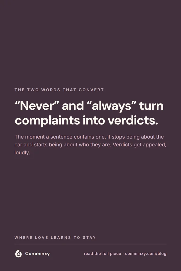 Quote card: never and always turn complaints into verdicts.