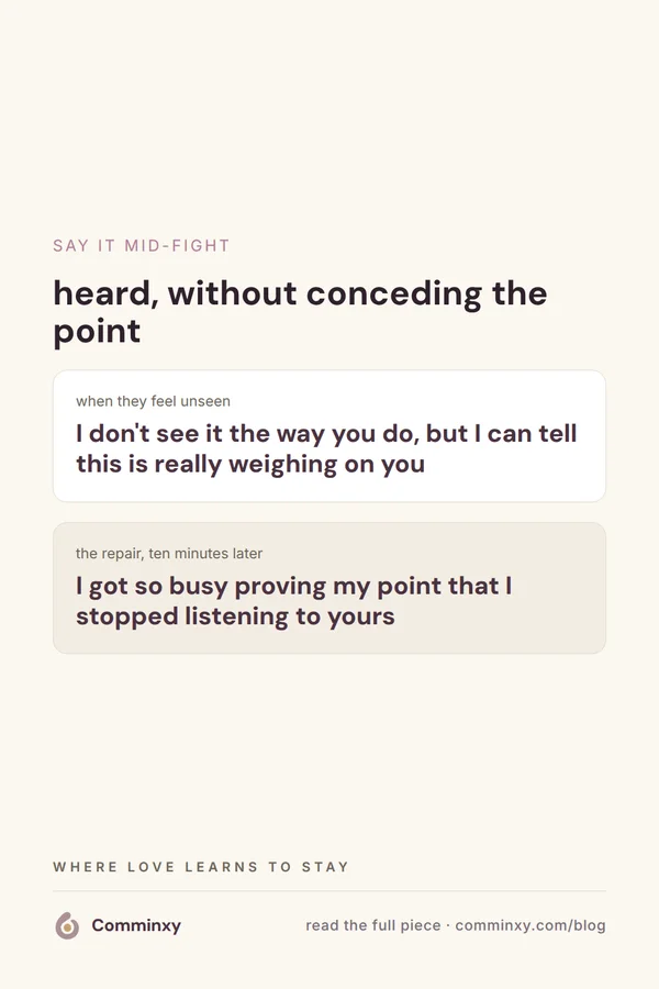 A cream pin with two script cards showing lines that make a partner feel heard without conceding the point.