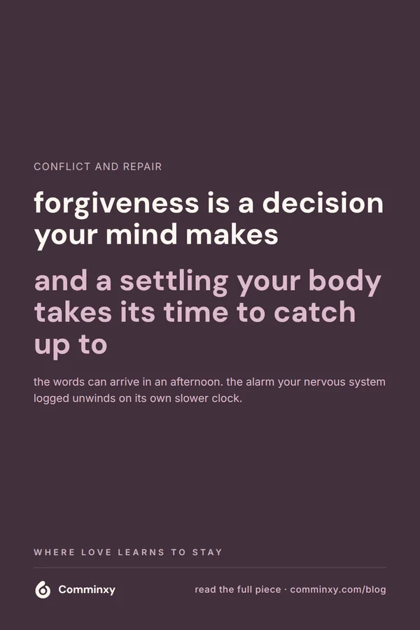 A plum pin explaining that forgiveness is one decision the mind makes and a separate settling the body takes its time to reach.
