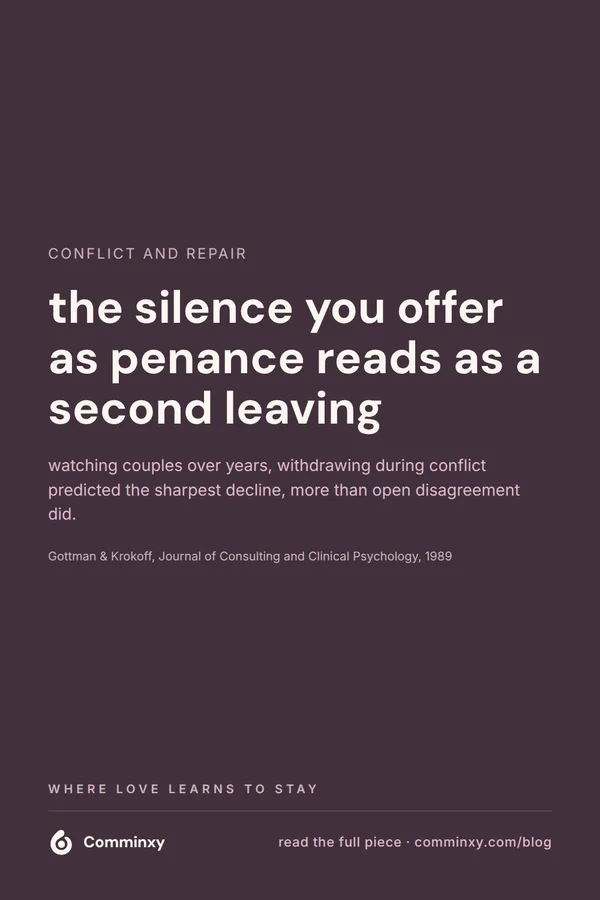 A plum pin reading the silence you offer as penance reads as a second leaving, above a citation to Gottman and Krokoff.