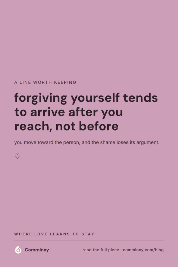 A mauve pin reading that forgiving yourself tends to arrive after you reach, not before.