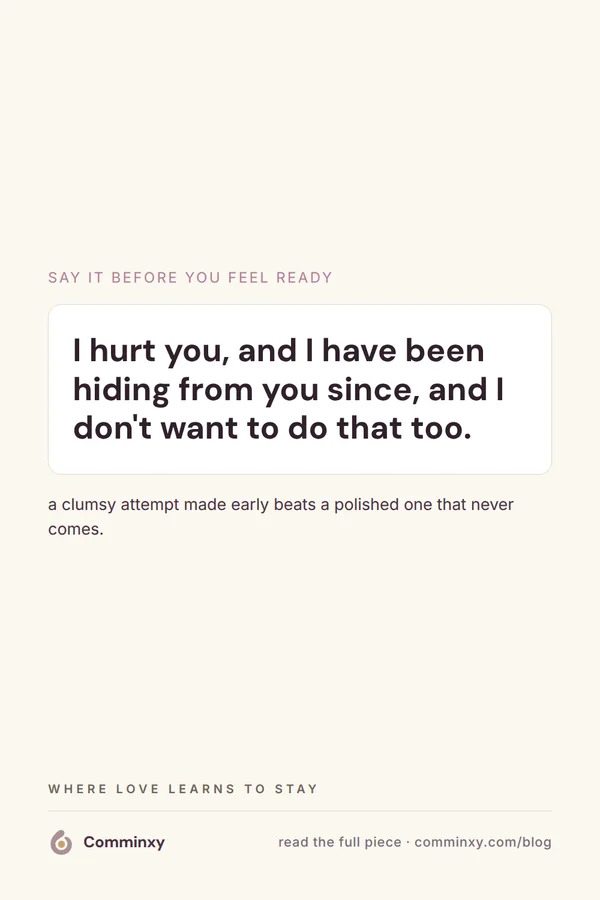 A cream pin with a quoted spoken line about hurting and hiding, framed inside a bordered card.