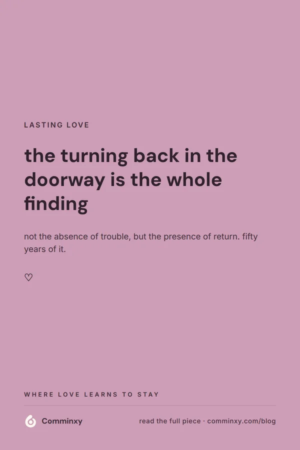 Mauve pin with a single saveable sentence, the turning back in the doorway is the whole finding.