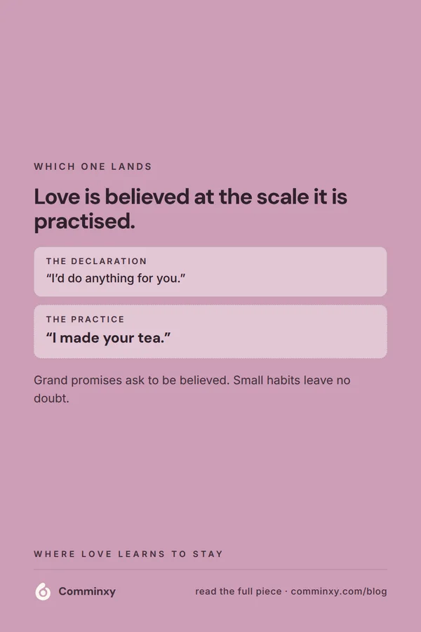 Swap card contrasting a grand declaration with a small practised habit.