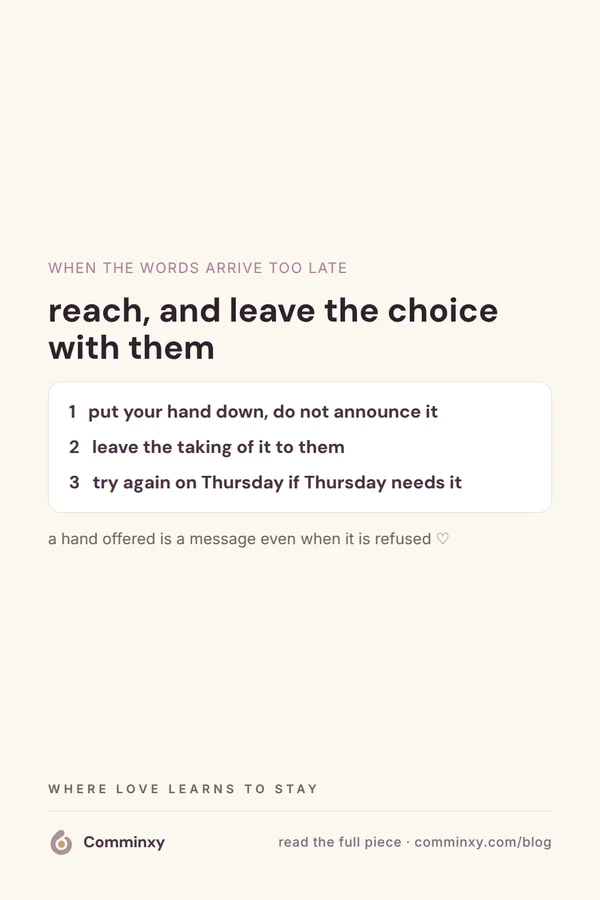 A cream pin with three steps, reach, leave the choice, try again, above a small kept line about the door being open.