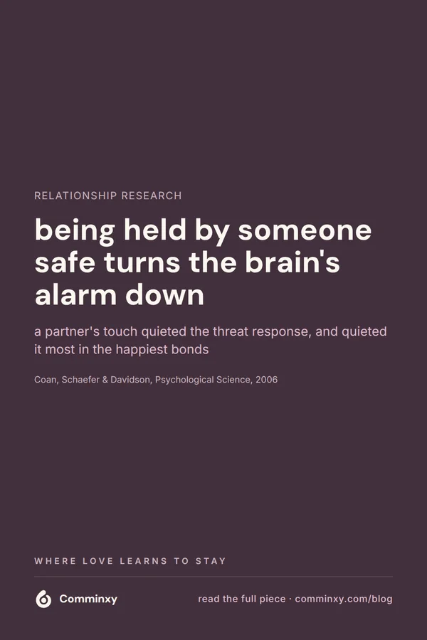 A plum pin reading that being held by someone safe turns down the brain's alarm, with the Coan, Schaefer and Davidson citation.