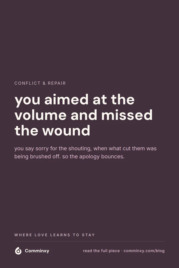 A plum pin reading you aimed at the volume and missed the wound, with a note about apologising for the wrong thing.