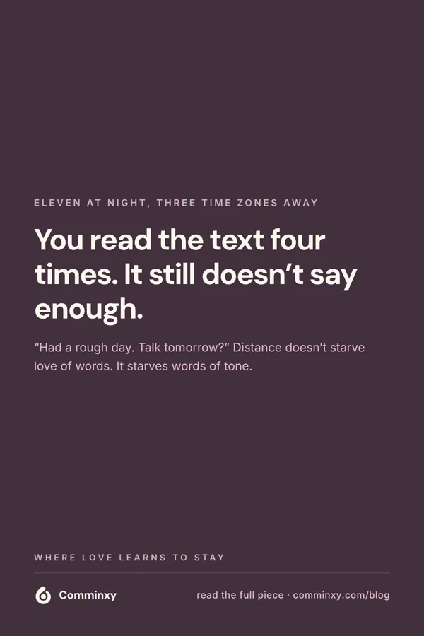 Quote card about rereading a long-distance text four times.