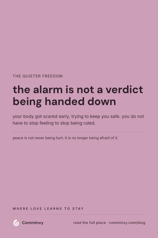 A mauve pin reading the alarm is not a verdict, your body got scared early, with a soft supporting line beneath.