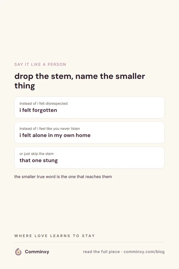A cream pin listing softer honest lines to say instead of i feel like you, with the note that the smaller true word is the one that reaches them.