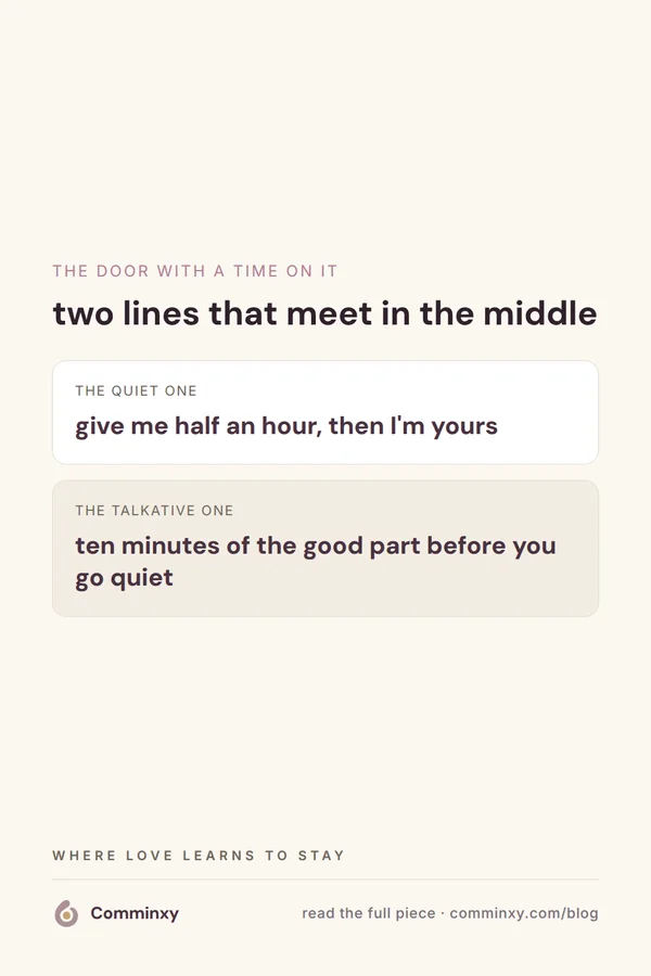 A cream pin titled the door with a time on it, showing two script cards, one for the quiet partner and one for the talkative partner.