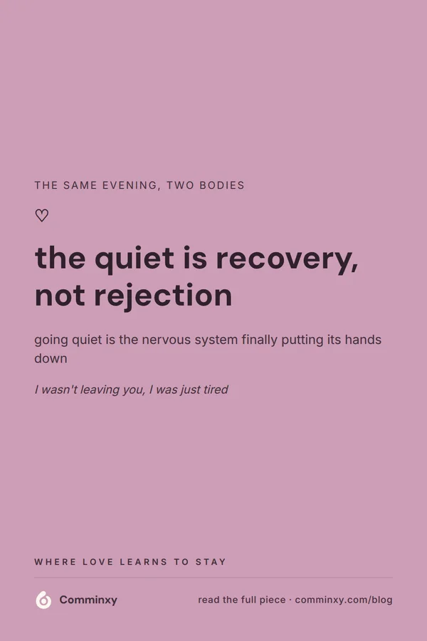 A mauve pin with a heart glyph and a saveable line reading the quiet is recovery, not rejection, with a smaller supporting sentence.