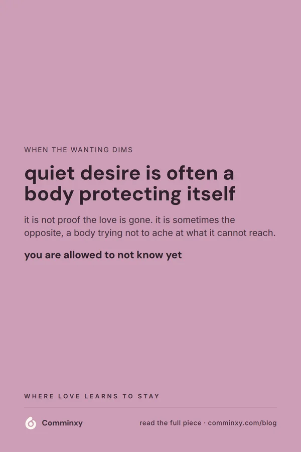 A mauve pin reading quiet wanting is often a body protecting itself, not proof the love is gone, offering permission to not know yet in a long distance relationship.
