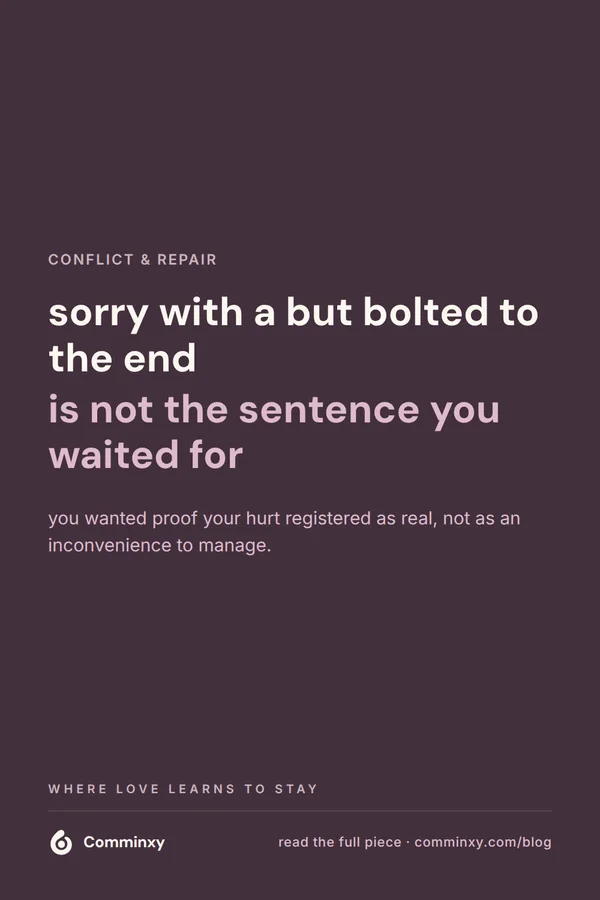 A plum pin reading that sorry with a but bolted to the end is not the sentence you were waiting for, over a short recognition line.