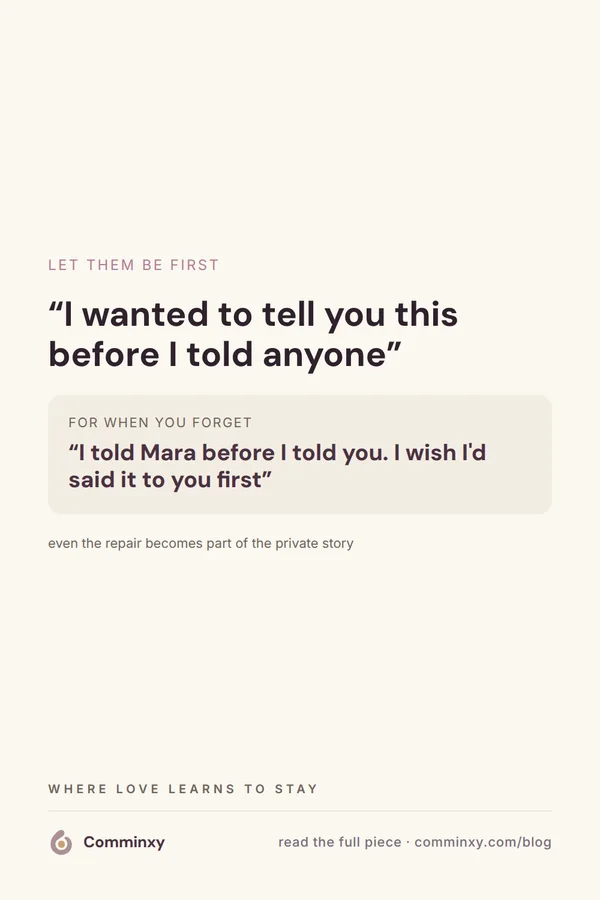 A cream pin with a spoken line in quotes about telling your partner first, above a small card with the gentle repair line for when you forget.