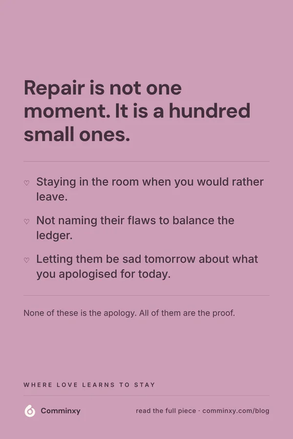 Comminxy relationship card: Repair is not one moment. It is a hundred small ones. Rebuilding trust in a relationship rarely happens in one grand apology.