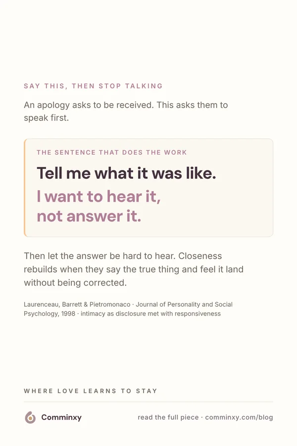 Comminxy relationship card: Tell me what it was like — the sentence that does the repairing. Repair after you have hurt your partner is less about the apology than about what you do with their answer.