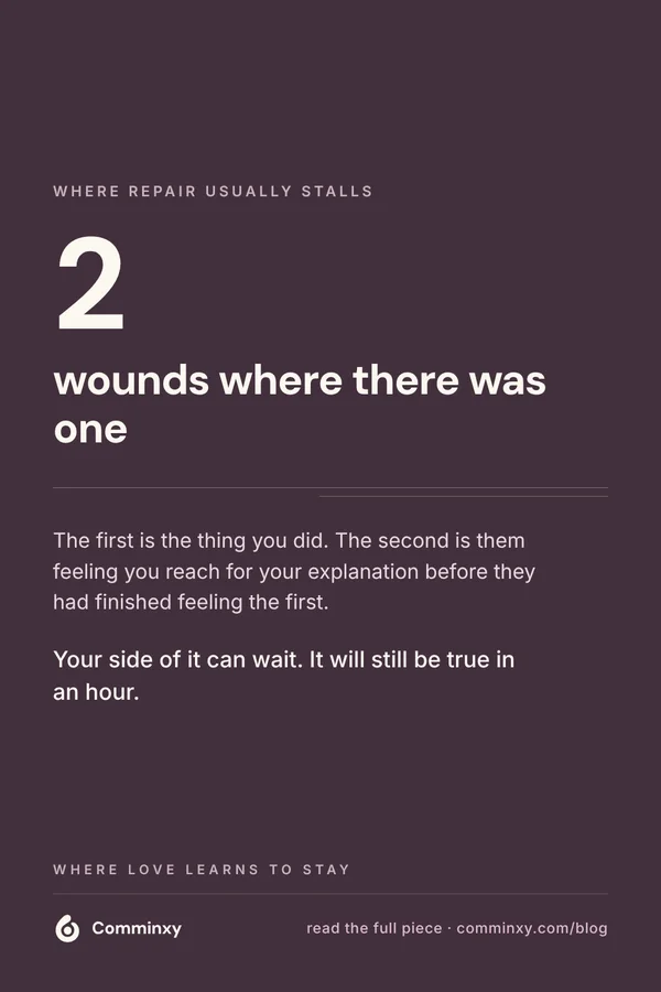 Comminxy relationship card: Why repair stalls: two wounds where there was one. Most repair in a relationship does not stall on the original hurt.