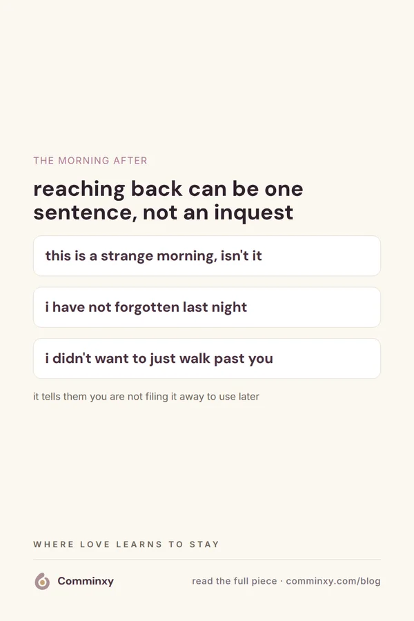 A cream pin titled reaching back can be one sentence, with three script cards on white showing lines a partner can say the morning after a fight, above a closing note that you are not filing it away to use later.