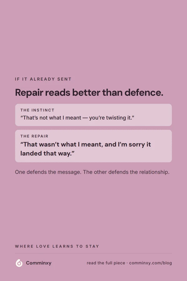 Swap card showing a defensive reply versus the repair line after a text lands wrong.