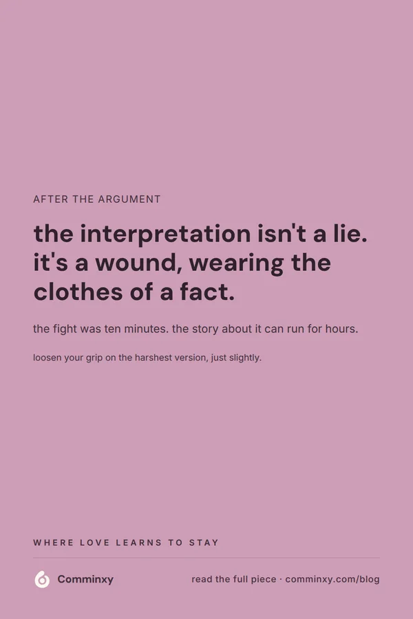 A mauve pin with a single saveable line reading that an interpretation is a wound wearing the clothes of a fact.