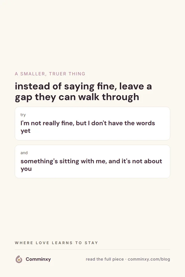 A cream pin with two script cards showing honest sentences to say instead of I'm fine to a partner.