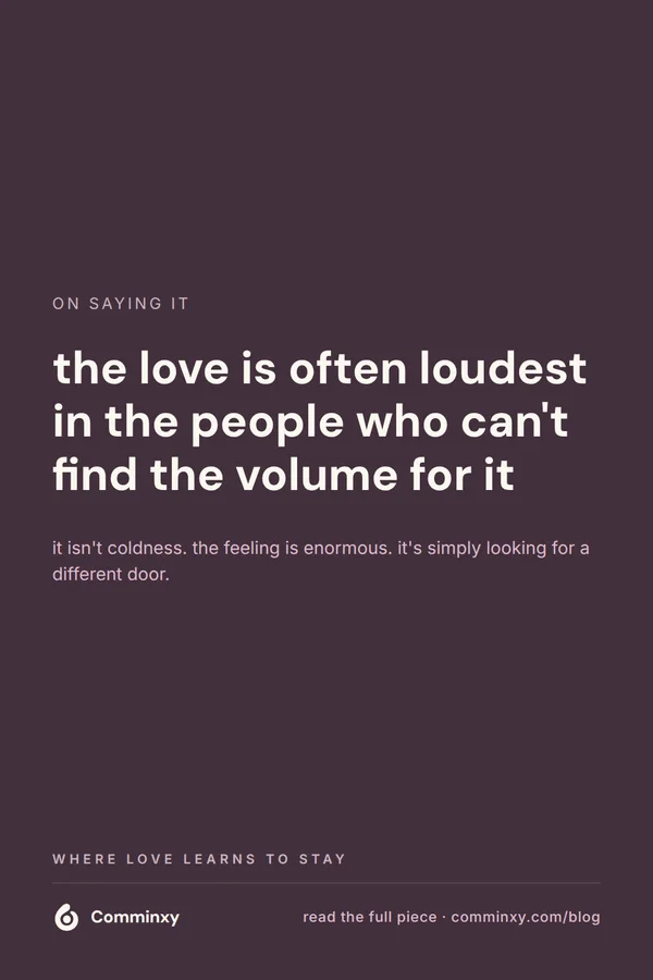 A plum pin with an eyebrow reading on saying it, a large line reading the love is often loudest in the people who can't find the volume for it, and a soft closing note.