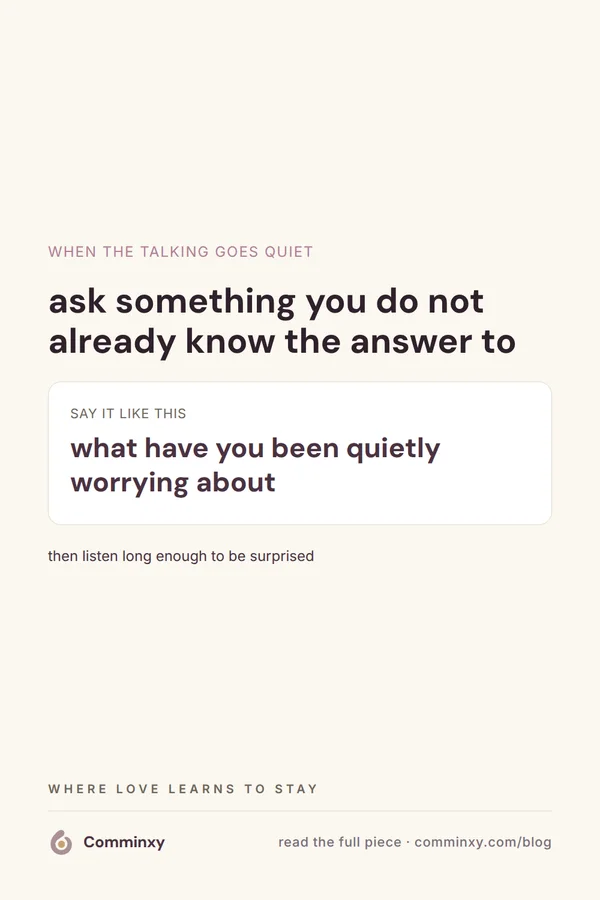 A cream pin with a card holding a line to say, what have you been quietly worrying about, framed as the small question that reopens conversation between partners.