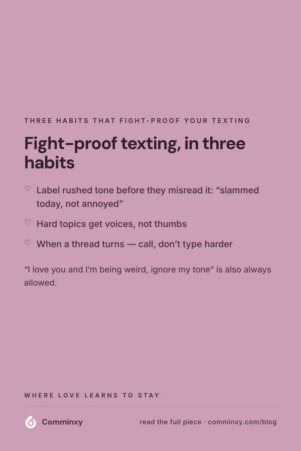 List card: three habits that fight-proof couple texting.