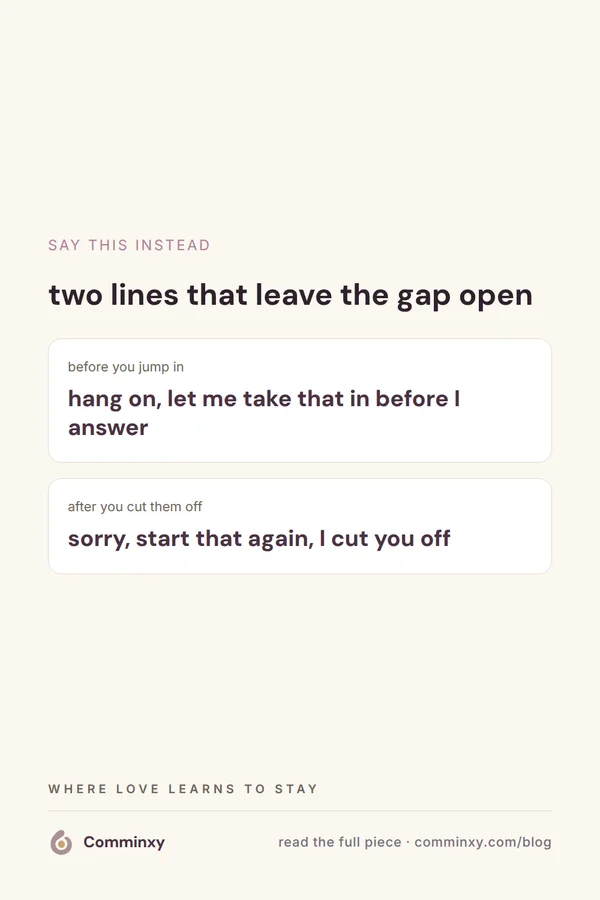 A cream pin with two script cards for pausing before you answer and repairing after you cut someone off.