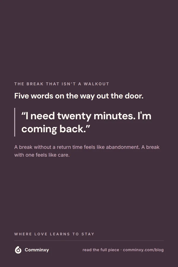 Script card: I need twenty minutes, I am coming back.