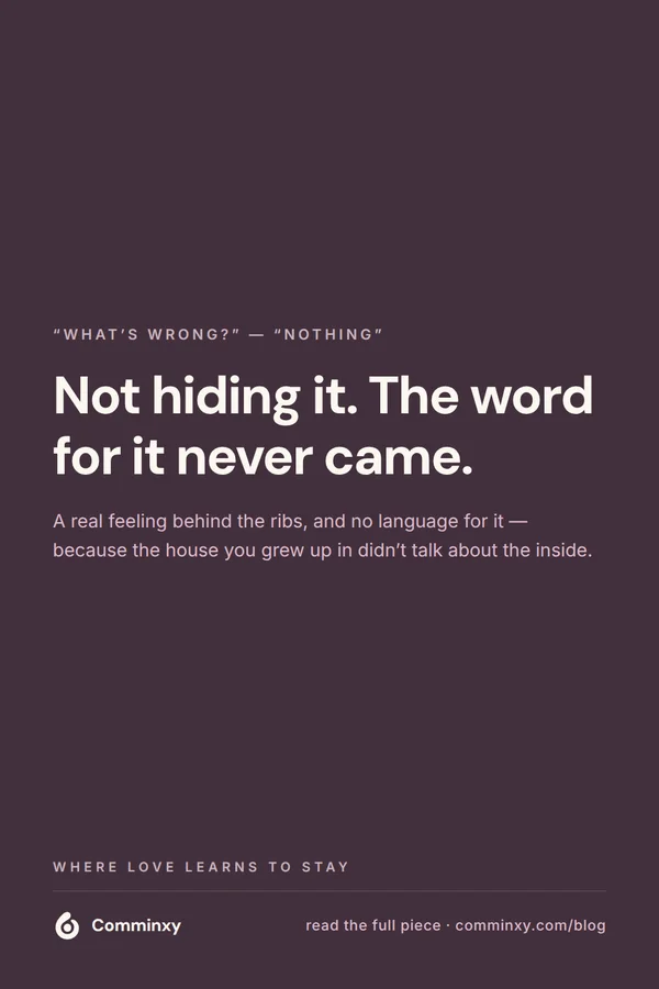 Quote card: not hiding it, the word for it never came.