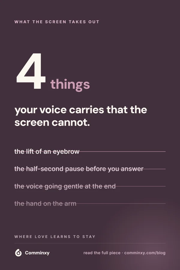 Comminxy relationship card: 4 things your voice carries that the screen cannot. Four things your voice carries that a text message strips out — the eyebrow, the pause, the gentleness at the end, the hand on the arm.