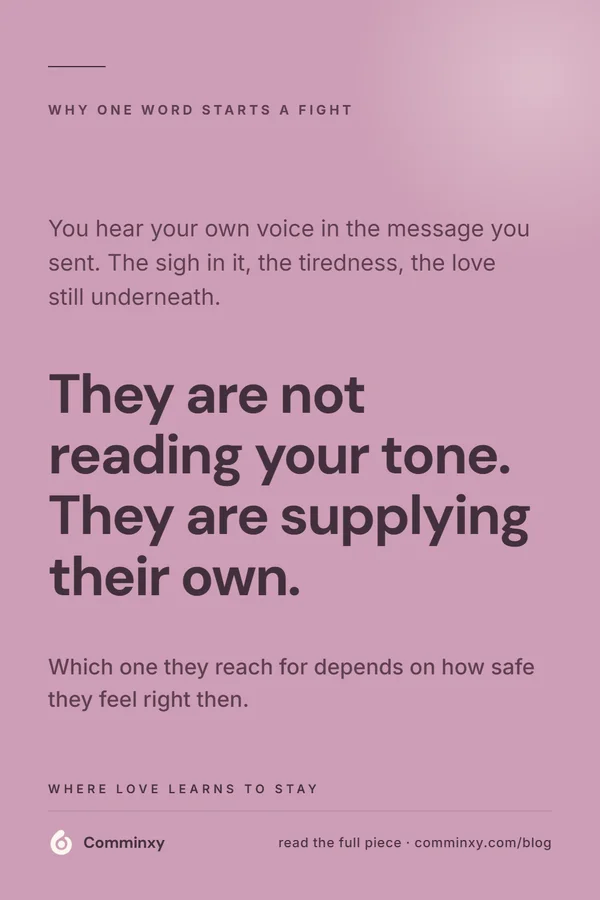 Comminxy relationship card: They are not reading your tone. They are supplying their own.. Your partner is not reading your tone in a text message — they are supplying their own, and which one they reach for depends on how safe they feel right then.