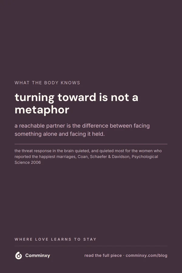 A plum pin stating turning toward is not a metaphor, over the Coan, Schaefer and Davidson hand-holding stress study finding.