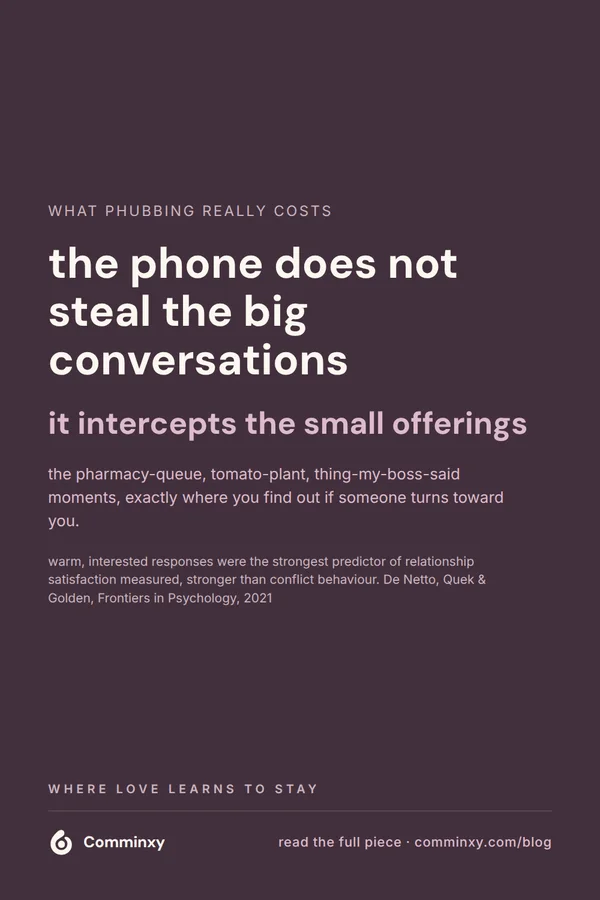 A plum pin reading the phone does not steal the big conversations, it intercepts the small offerings, with a supporting citation.