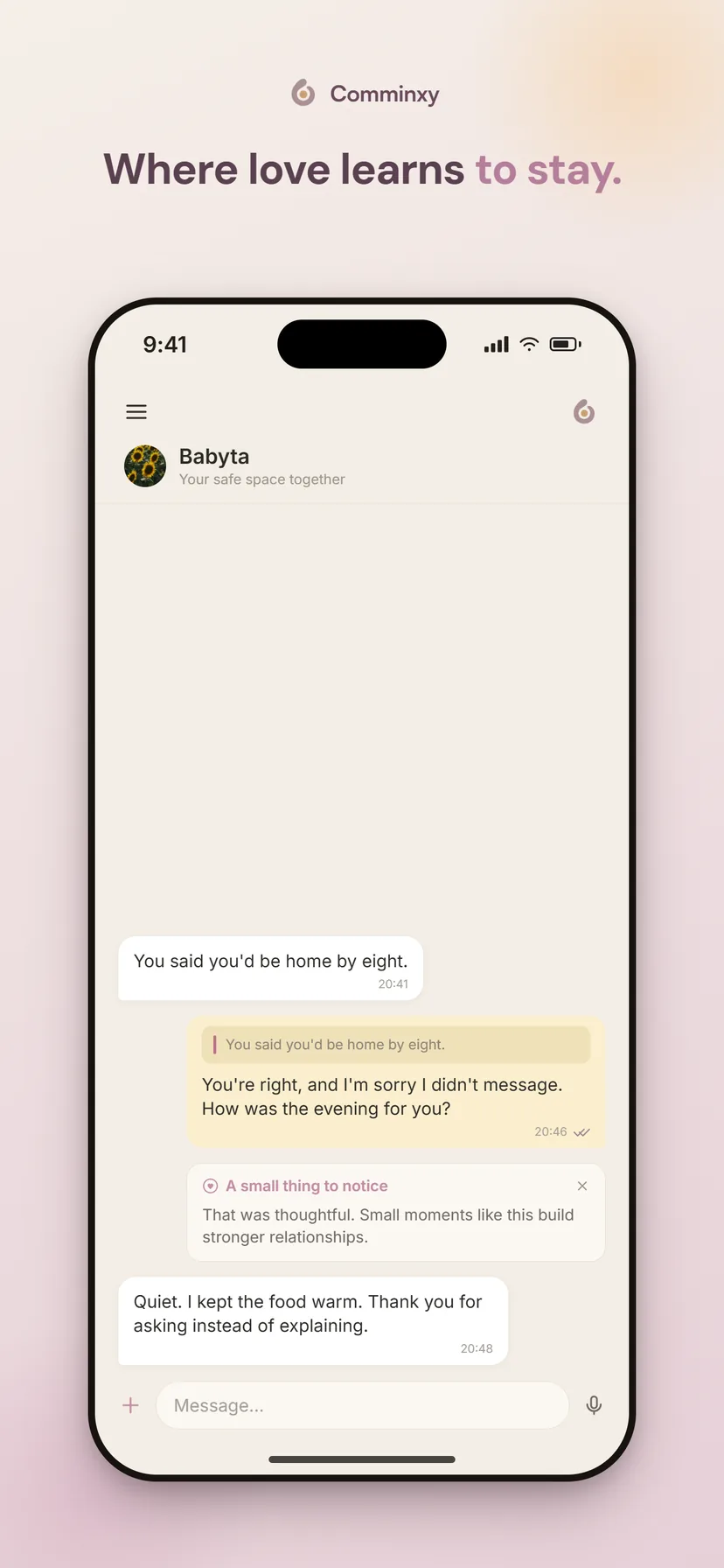 Comminxy chat — a hard message answered gently, with a small thing to notice