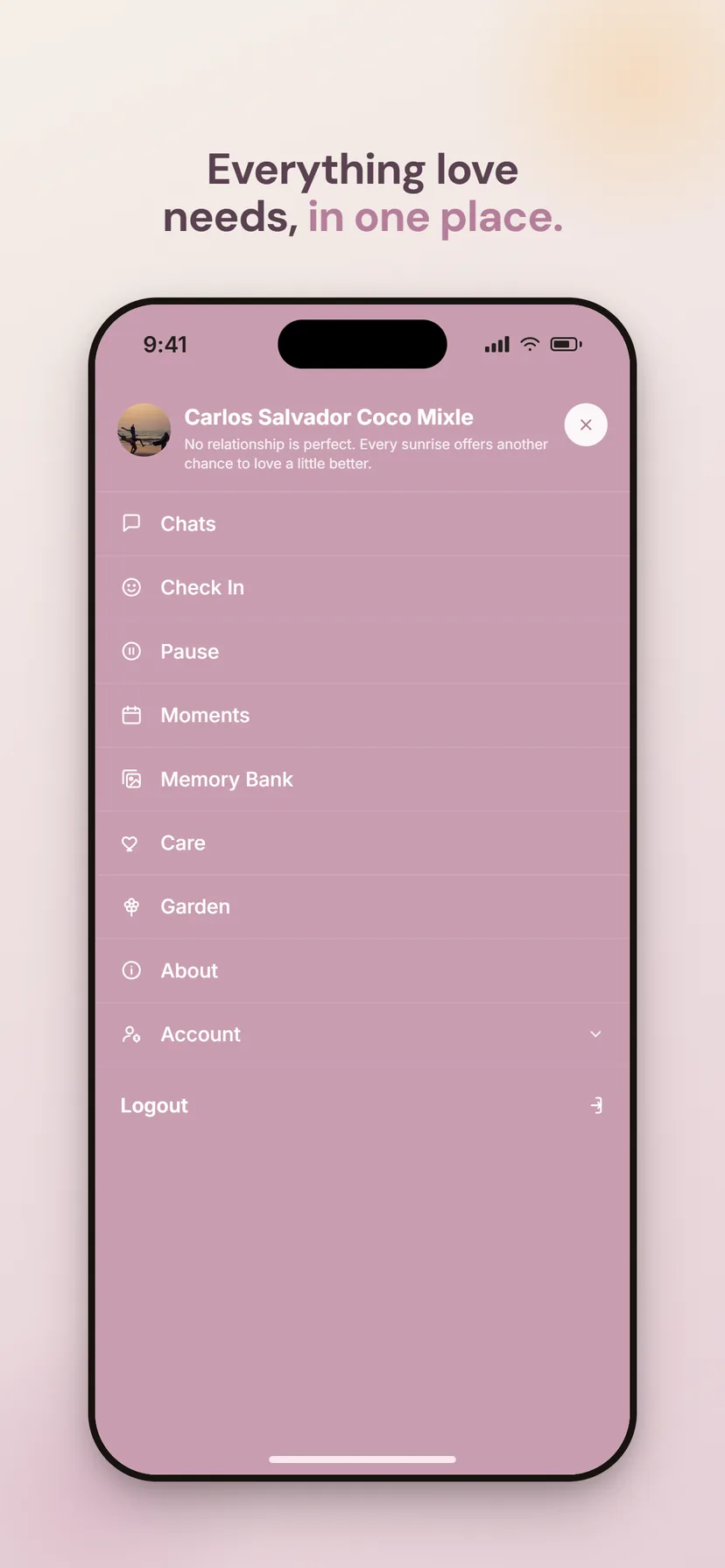 Comminxy app menu — Chats, Check In, Pause, Moments, Memory Bank, Care, Garden