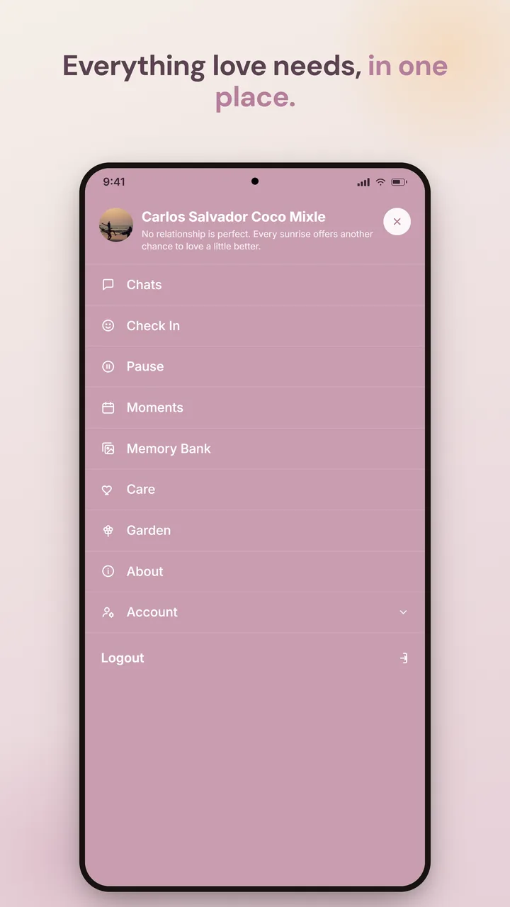 Comminxy app menu — Chats, Check In, Pause, Moments, Memory Bank, Care, Garden